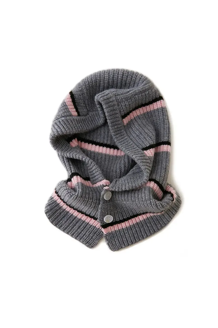 100 Cashmere Button-up Striped Rib Knit Balaclava