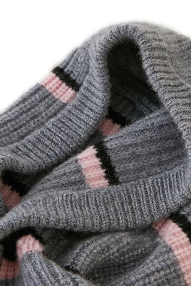 100 Cashmere Button-up Striped Rib Knit Balaclava