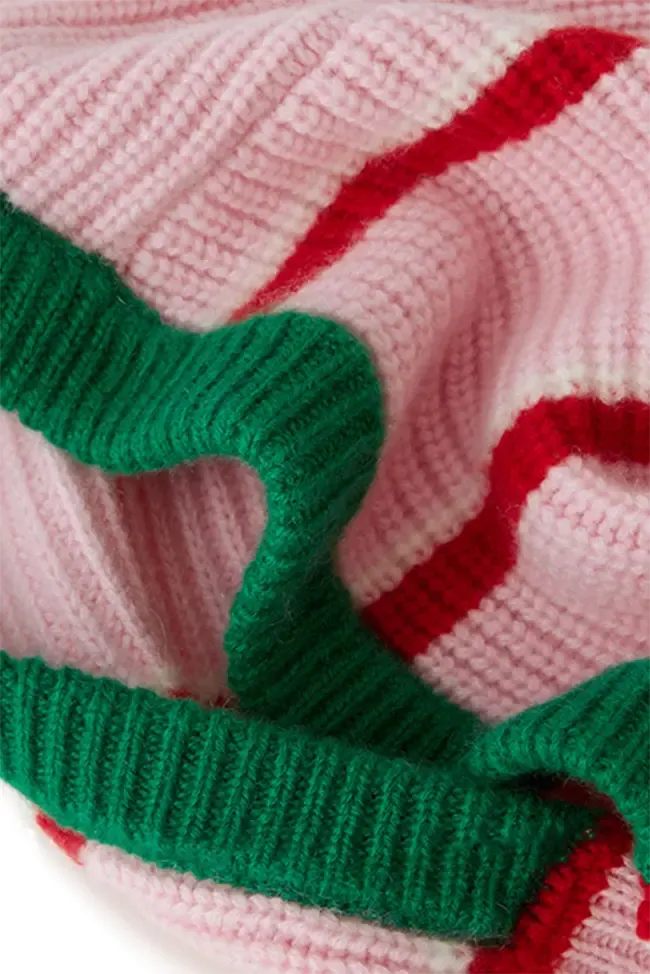 100 Cashmere Button-up Striped Rib Knit Balaclava