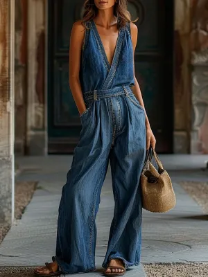 【24-hour shipping】Loose Casual Pocket Elastic Waist Vintage Denim Jumpsuit