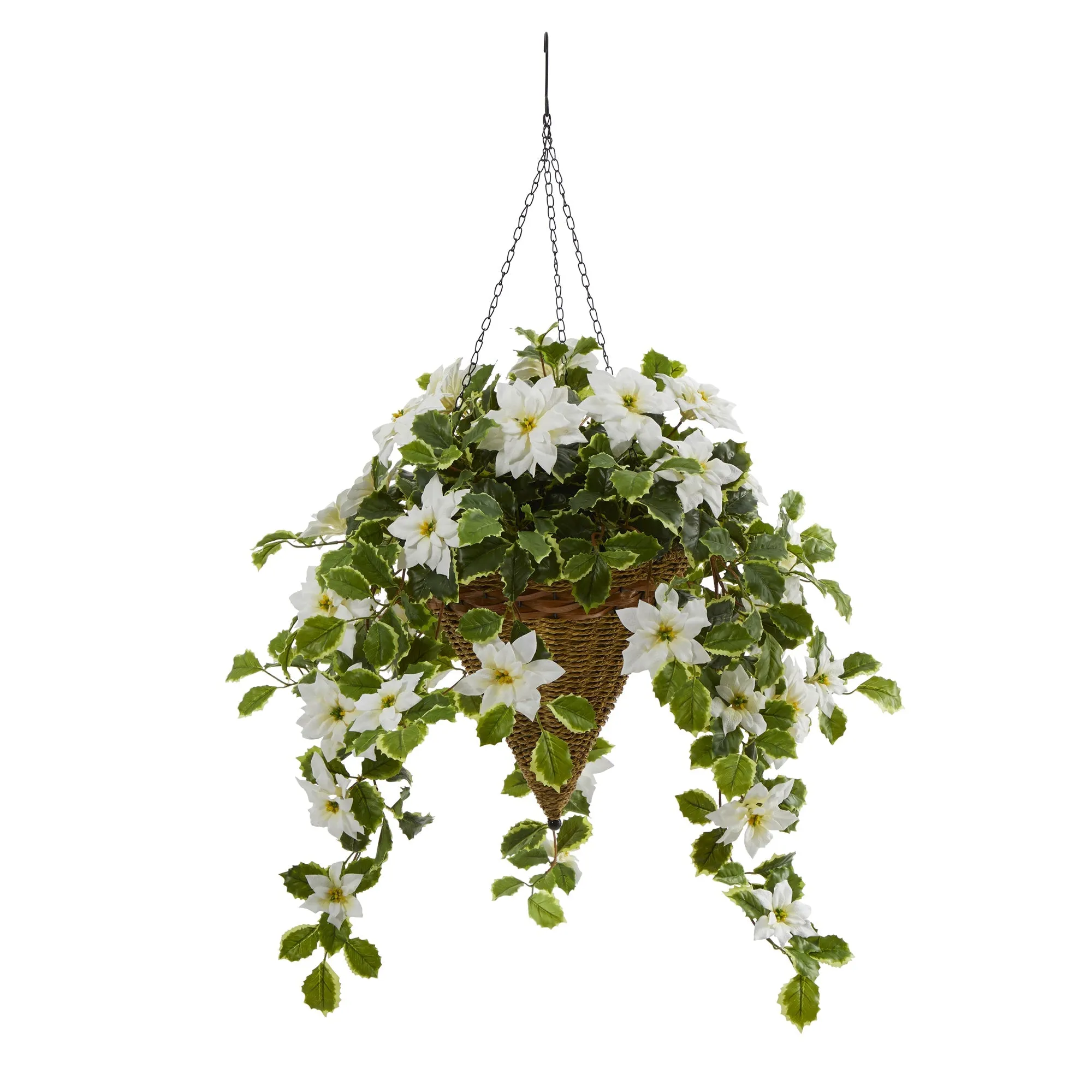 3.5퀁Íí€äó_í‰äóÁí€äó_퉌¢ Poinsettia and Variegated Holly Artificial Plant in Hanging Cone Basket (Real Touch)