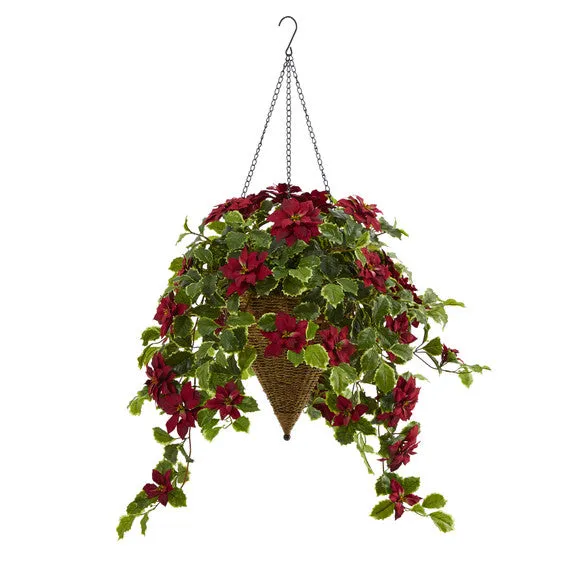 3.5퀁Íí€äó_í‰äóÁí€äó_퉌¢ Poinsettia and Variegated Holly Artificial Plant in Hanging Cone Basket (Real Touch)