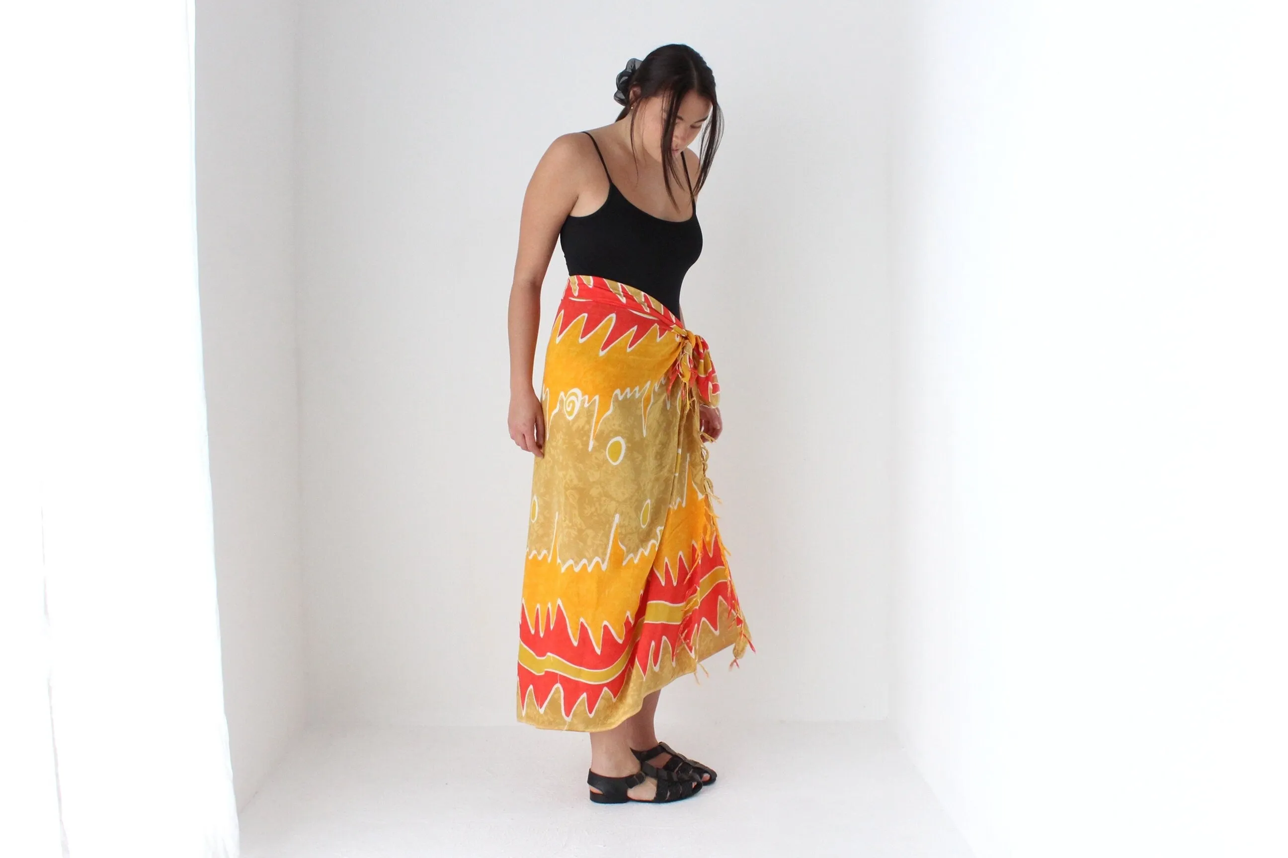 90s Batik Flame Art Rayon Sarong Skirt