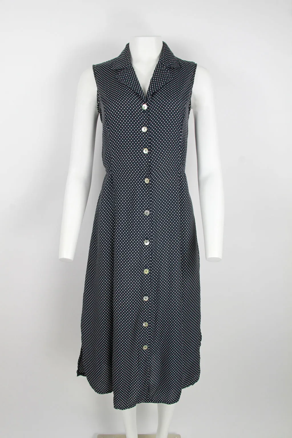 90s navy dot long sleeveless dress - S