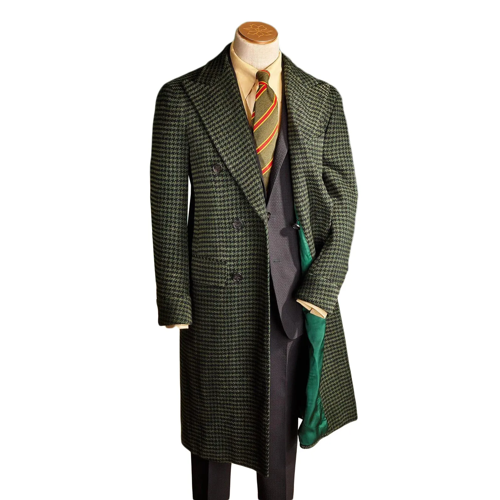 Aidase winter outfits men Houndstooth Men Long Coat Overcoat Double Breasted Green Warm Woolen Pockets Business Causal Daily Tailored
