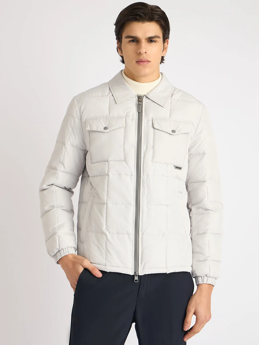 Antony Morato Men White Solid Spread Collar Full Sleeves Puffer Jacket