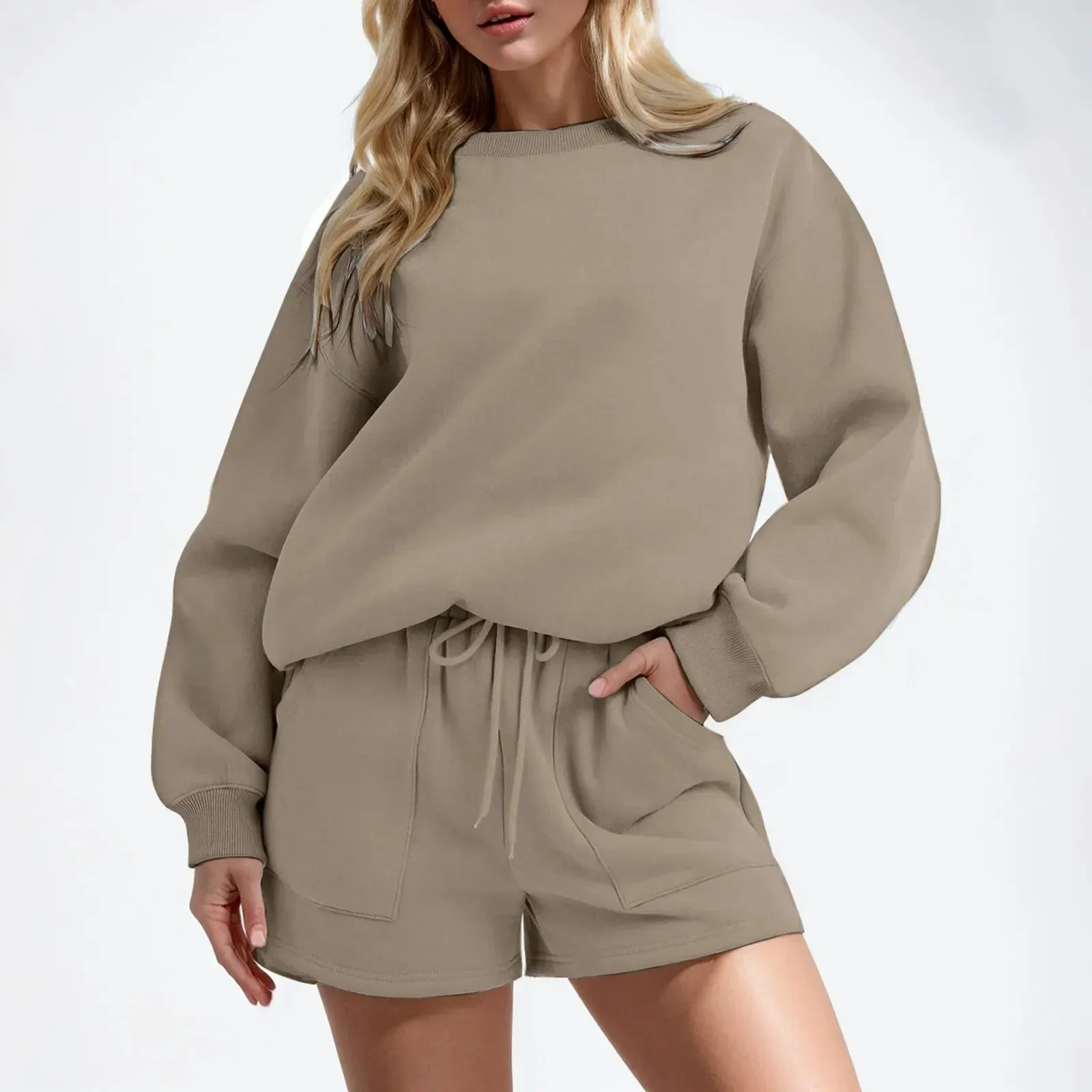 Autumn Solid Casual Round Loose Pocket Drawstring Sexy Plus Spring Set