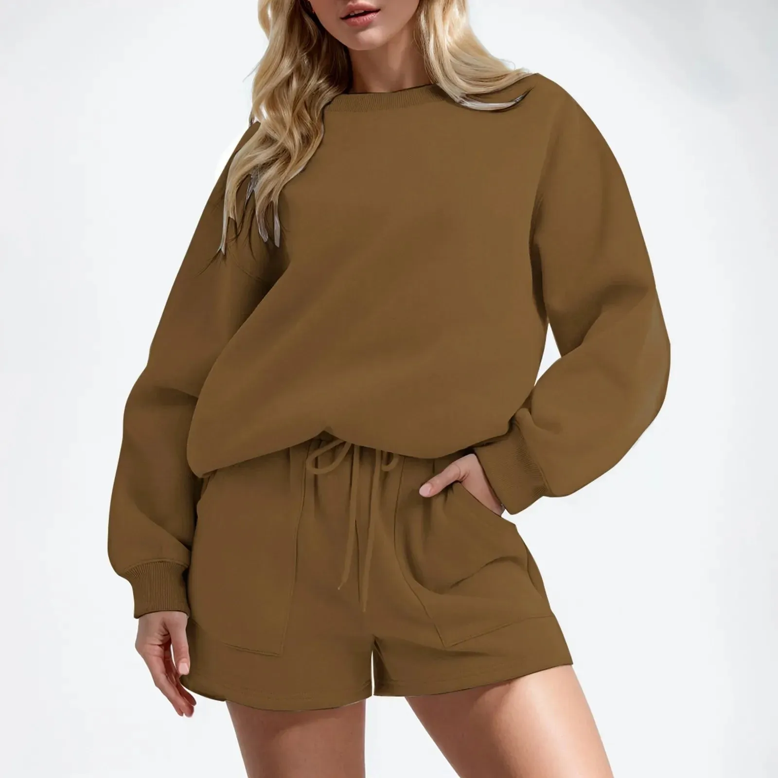 Autumn Solid Casual Round Loose Pocket Drawstring Sexy Plus Spring Set