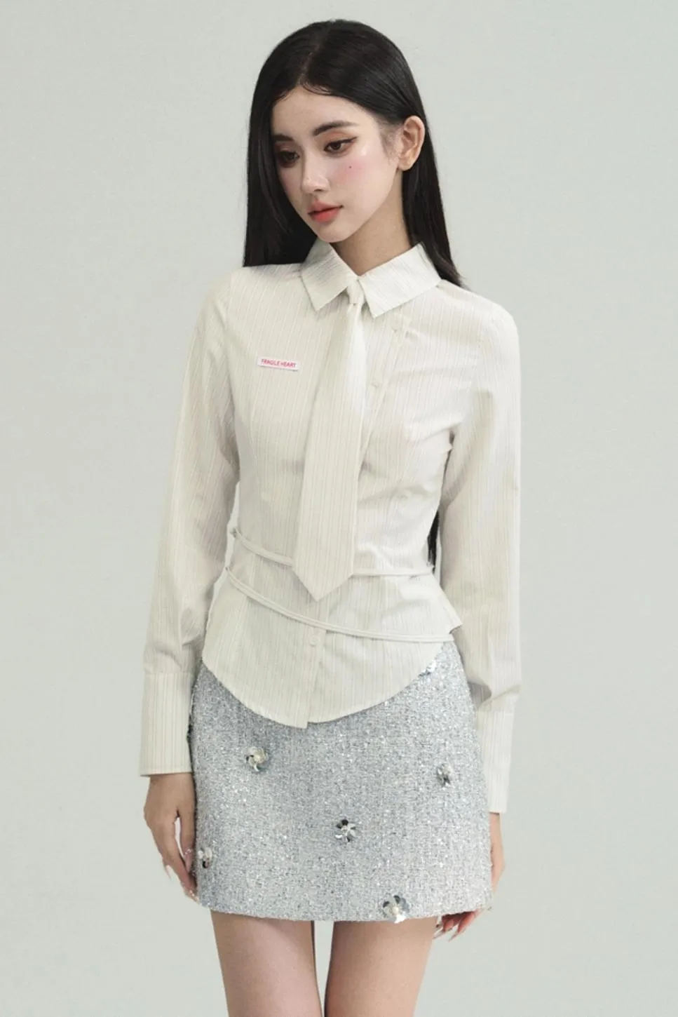 Avant-Garde Asymmetric White Button-Up Shirt with Side Tie Detail