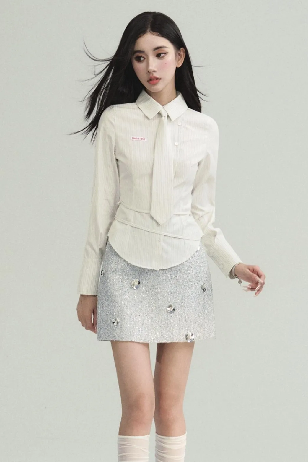 Avant-Garde Asymmetric White Button-Up Shirt with Side Tie Detail