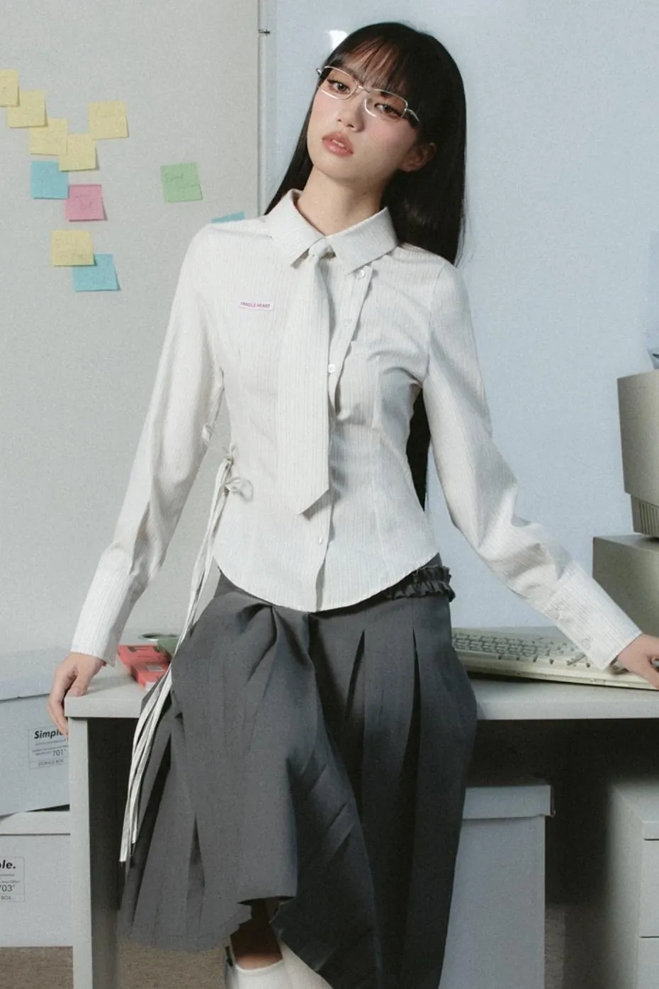 Avant-Garde Asymmetric White Button-Up Shirt with Side Tie Detail