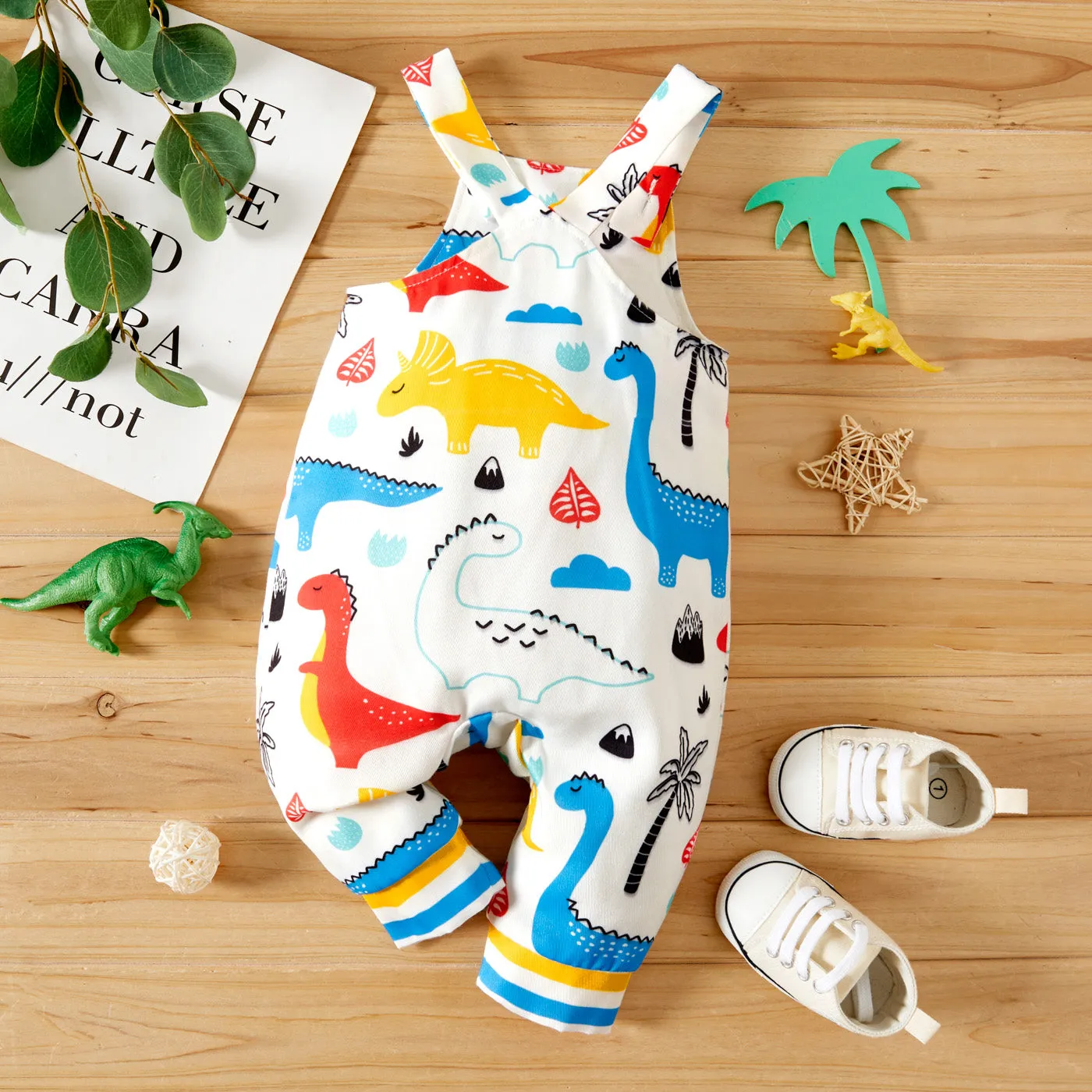 Baby Boy All Over Multicolor Dinosaur Print Sleeveless Jumpsuit Overalls
