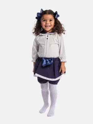 Baby Girl Rosa Waffle Romper with Big Bow and Lace - Navy Blue