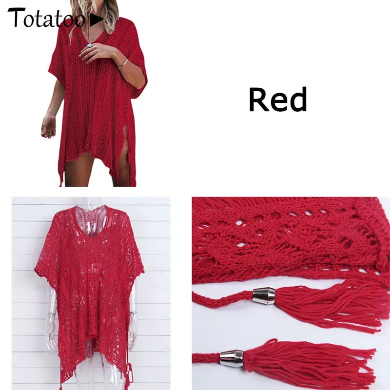 Backless Knitted Summer Long Sleeve Open Back See Through Beach Cover Mini Dress Clubwear