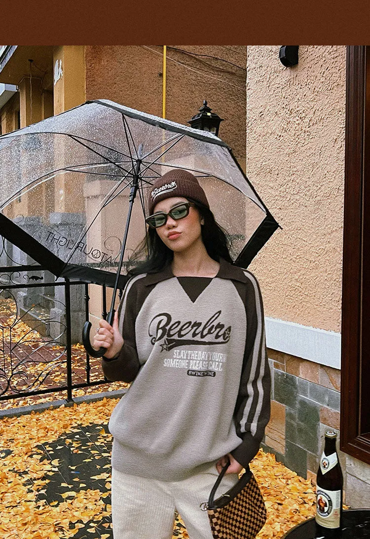 Beerbro Graphic Letter Print Parchwork Long Sleeve Sweater