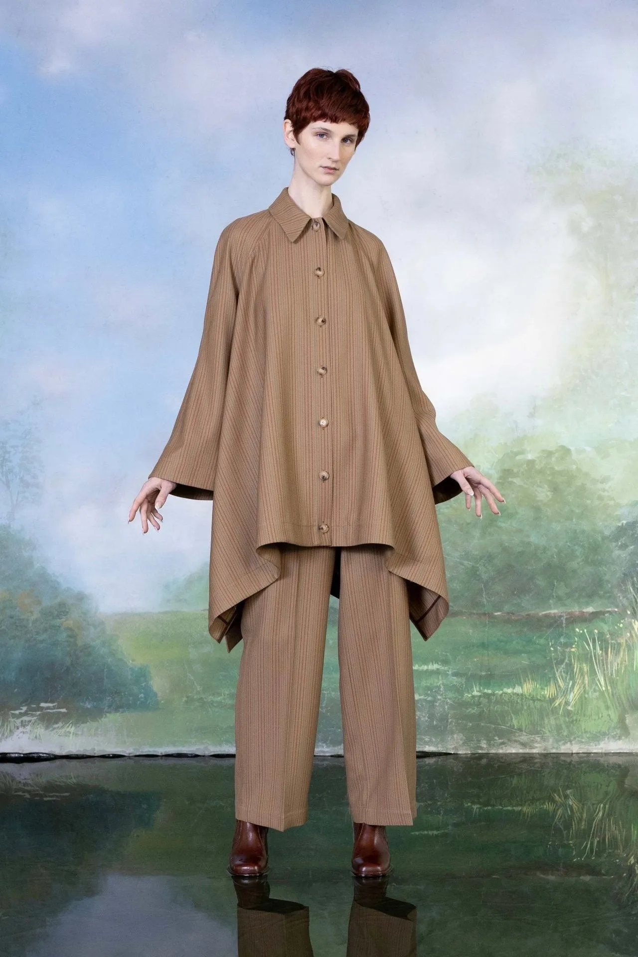 Benjamin Benmoyal - Wide Draped Overshirt: Striped Camel