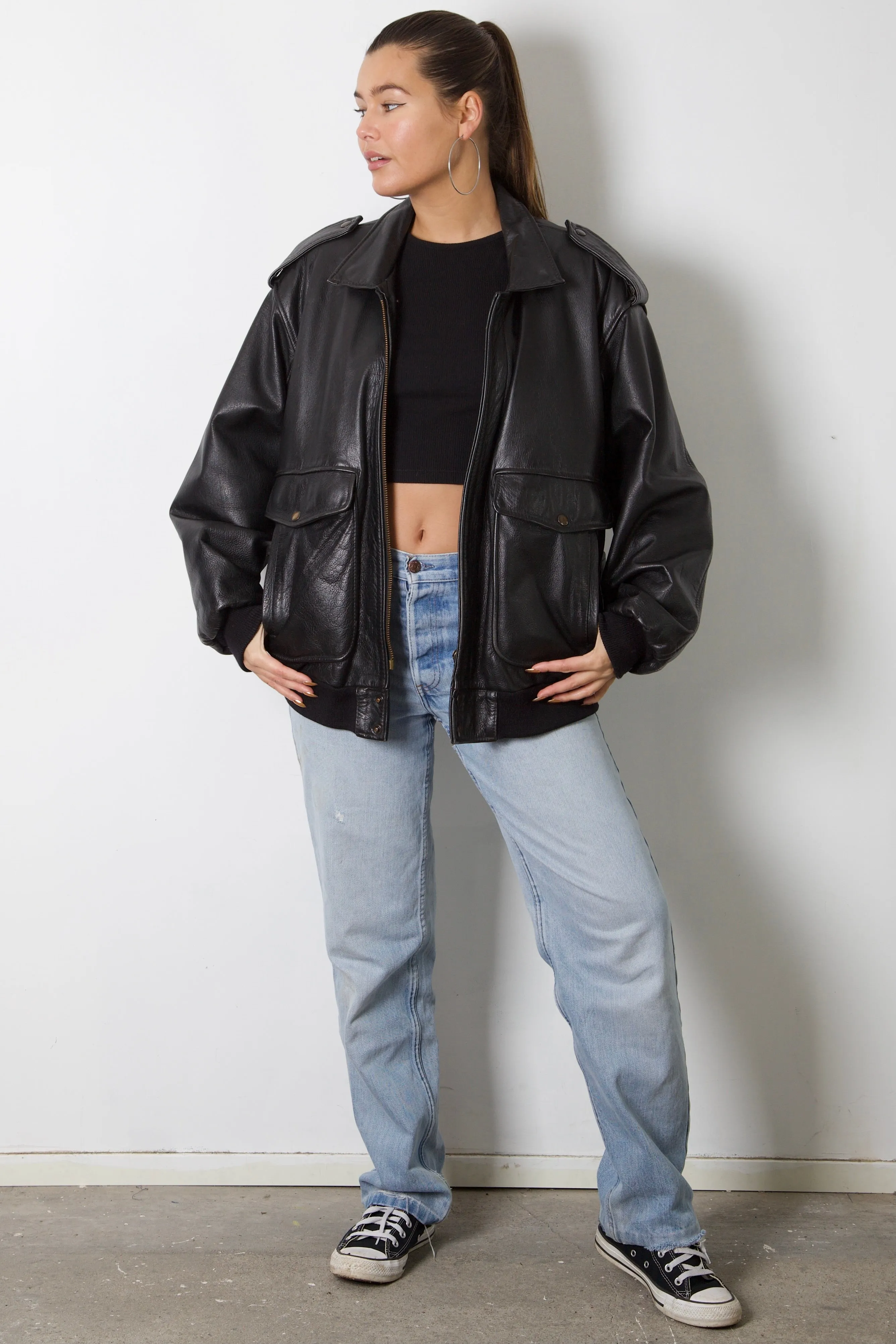 Black Leather Pilot Jacket XL