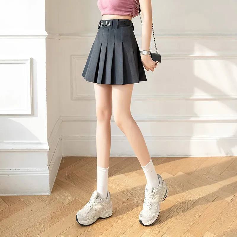 Black Pleated Chic Belt Mini Skirts Summer High Waist Slim A-line Solid Color Women Skirt Grey Khaki Fashion Female Skirt