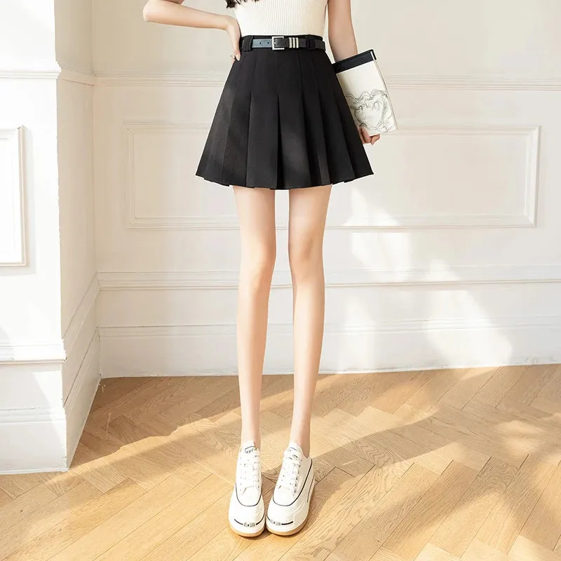 Black Pleated Chic Belt Mini Skirts Summer High Waist Slim A-line Solid Color Women Skirt Grey Khaki Fashion Female Skirt