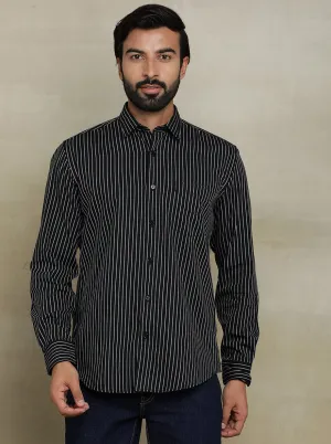 Black Striped Tailored Fit Semi Casual Shirt | JadeBlue