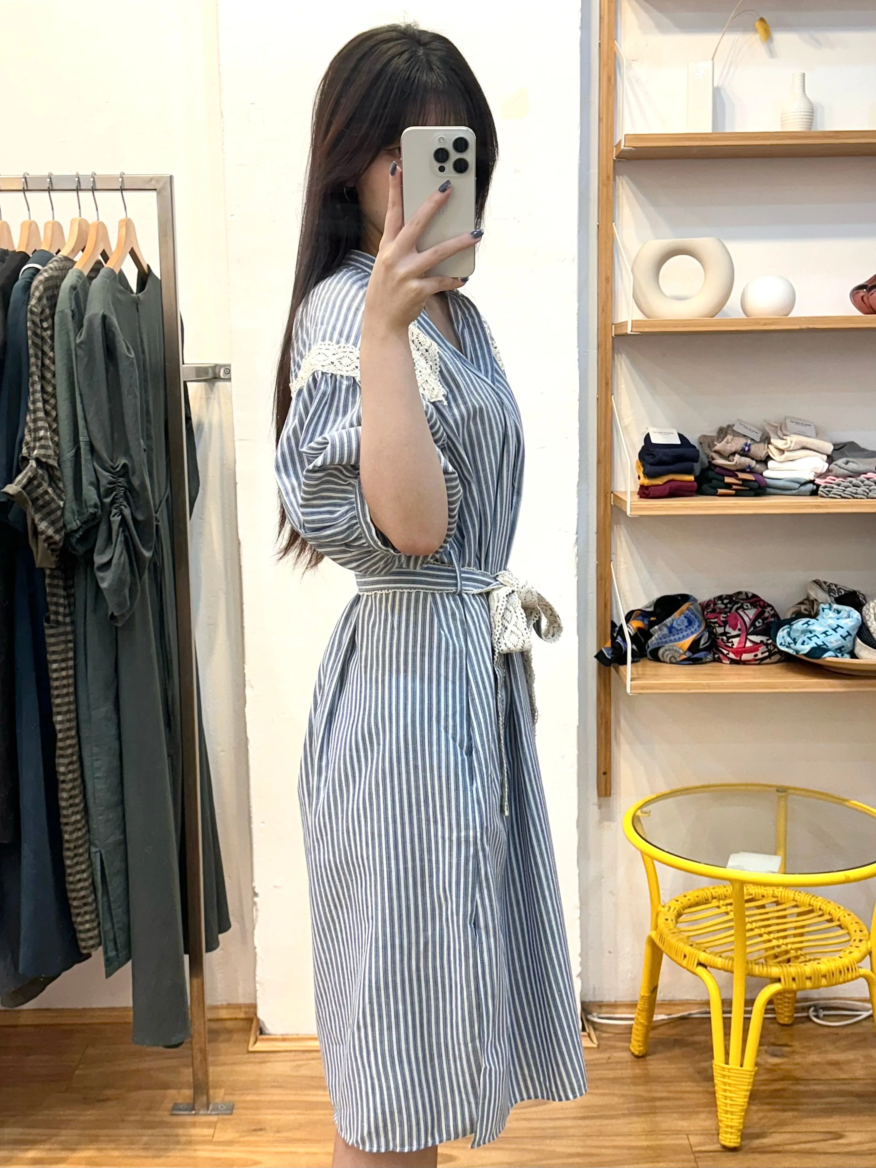 Blue Oversize Stripe Lace Long Dress