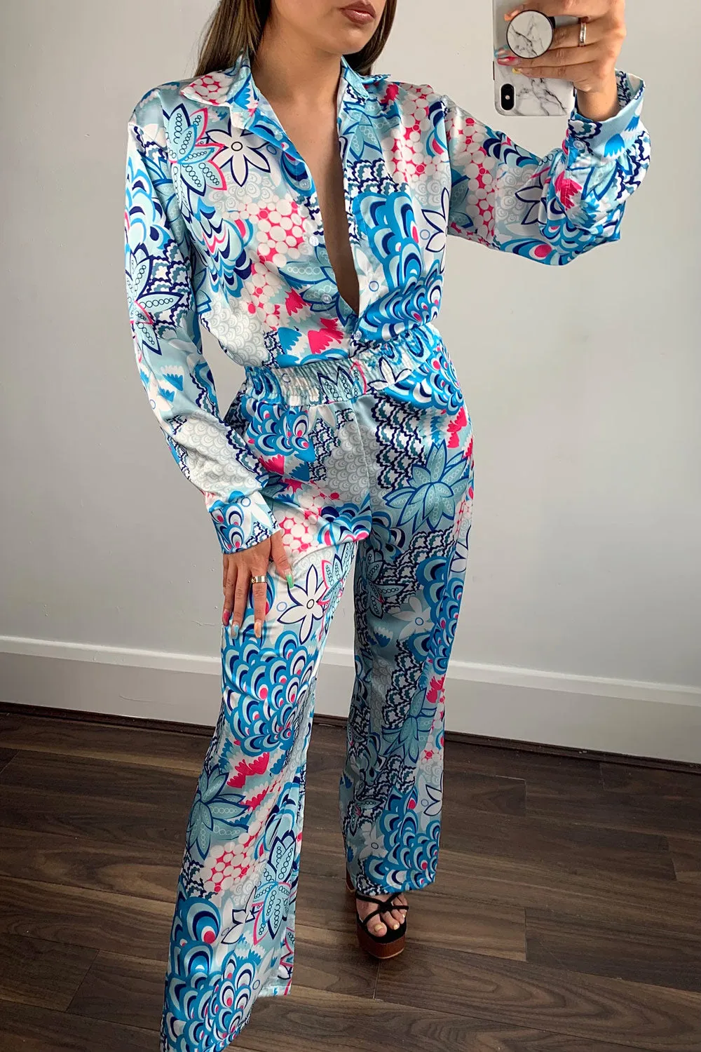 Blue Printed Satin Bandana and Jumpsuit 2 Piece Set