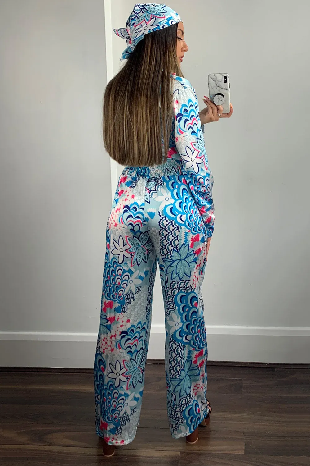 Blue Printed Satin Bandana and Jumpsuit 2 Piece Set