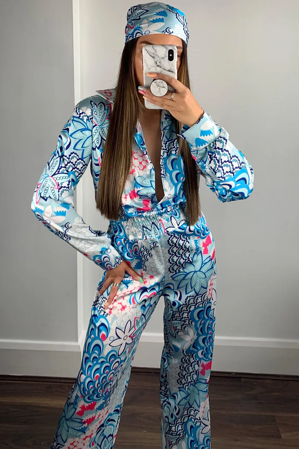 Blue Printed Satin Bandana and Jumpsuit 2 Piece Set