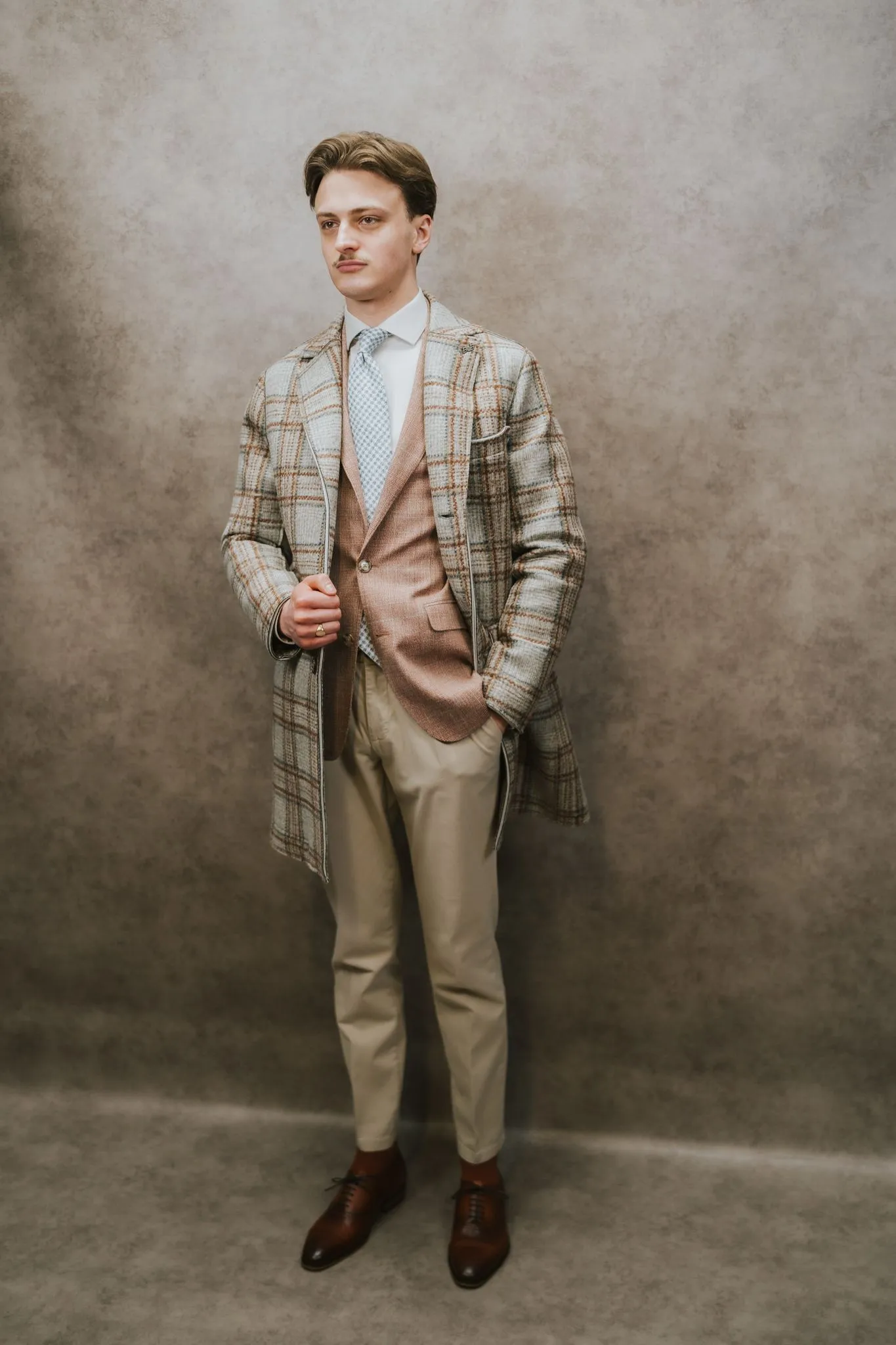 Bob Beige Blue Brown Check Overcoat