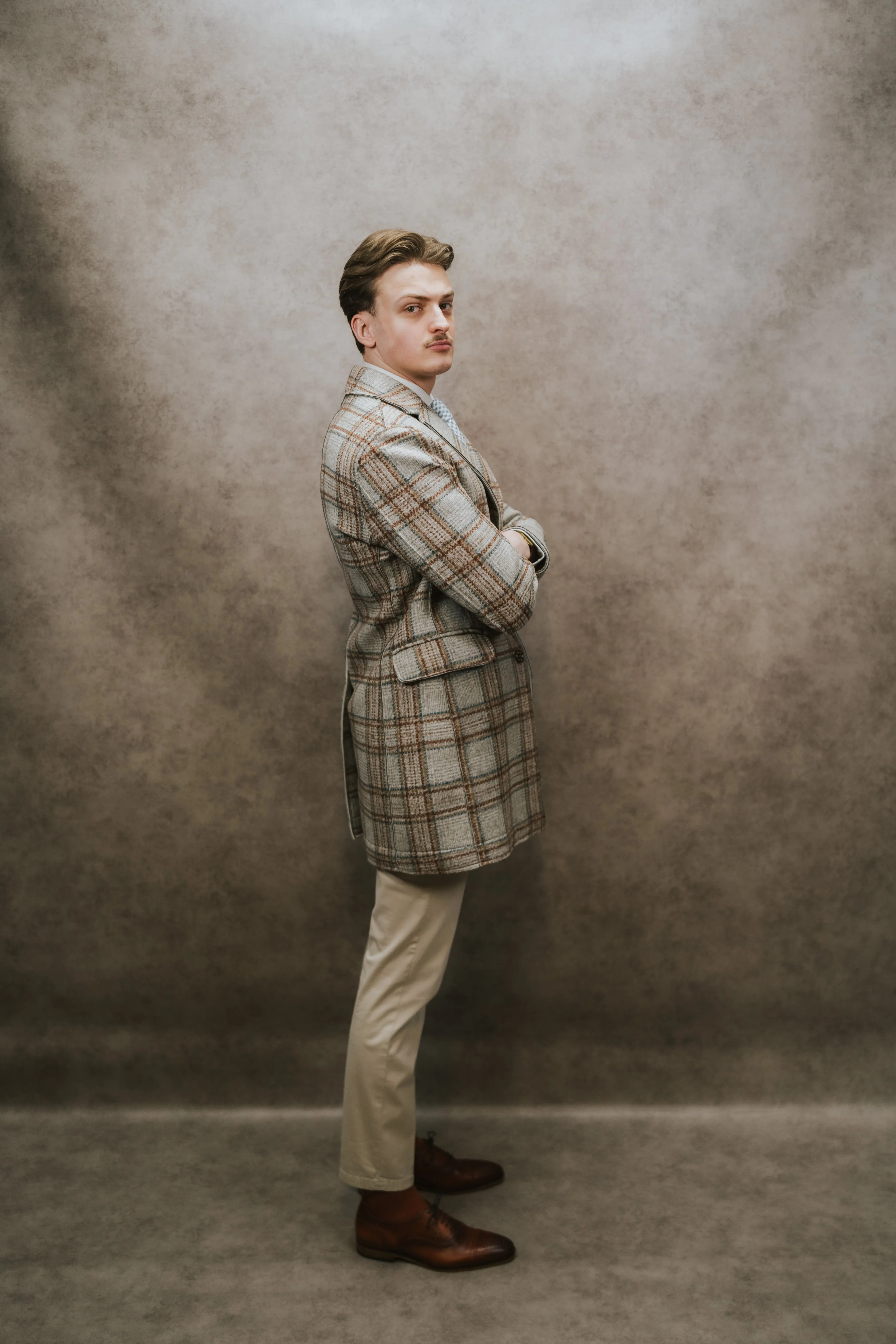Bob Beige Blue Brown Check Overcoat