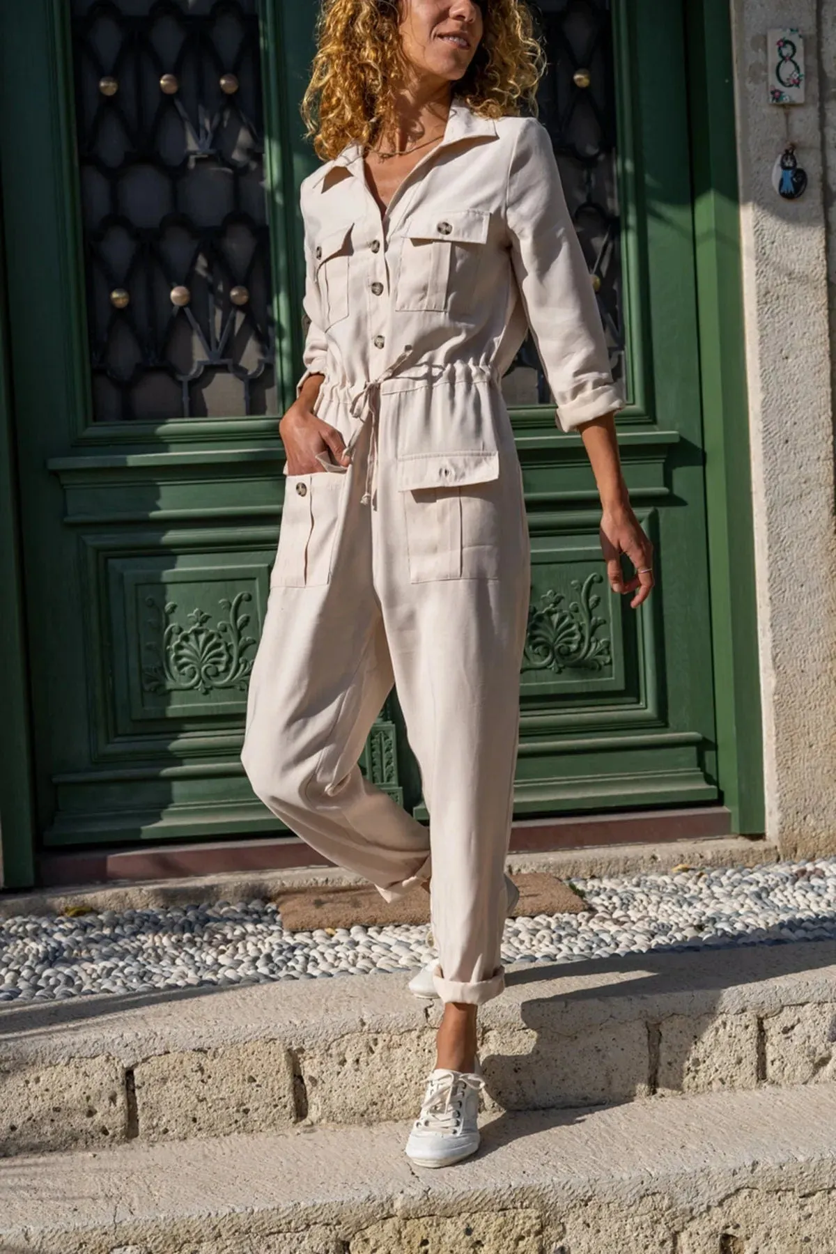 Bohemian Safari Jumpsuit, Pockets Jacket Collar Jumpsuit, Waist Elastic, Casual Jumpsuit, ,Summer Jumpsuit Hippie Jumpsuit Wide Leg Jumpsuit