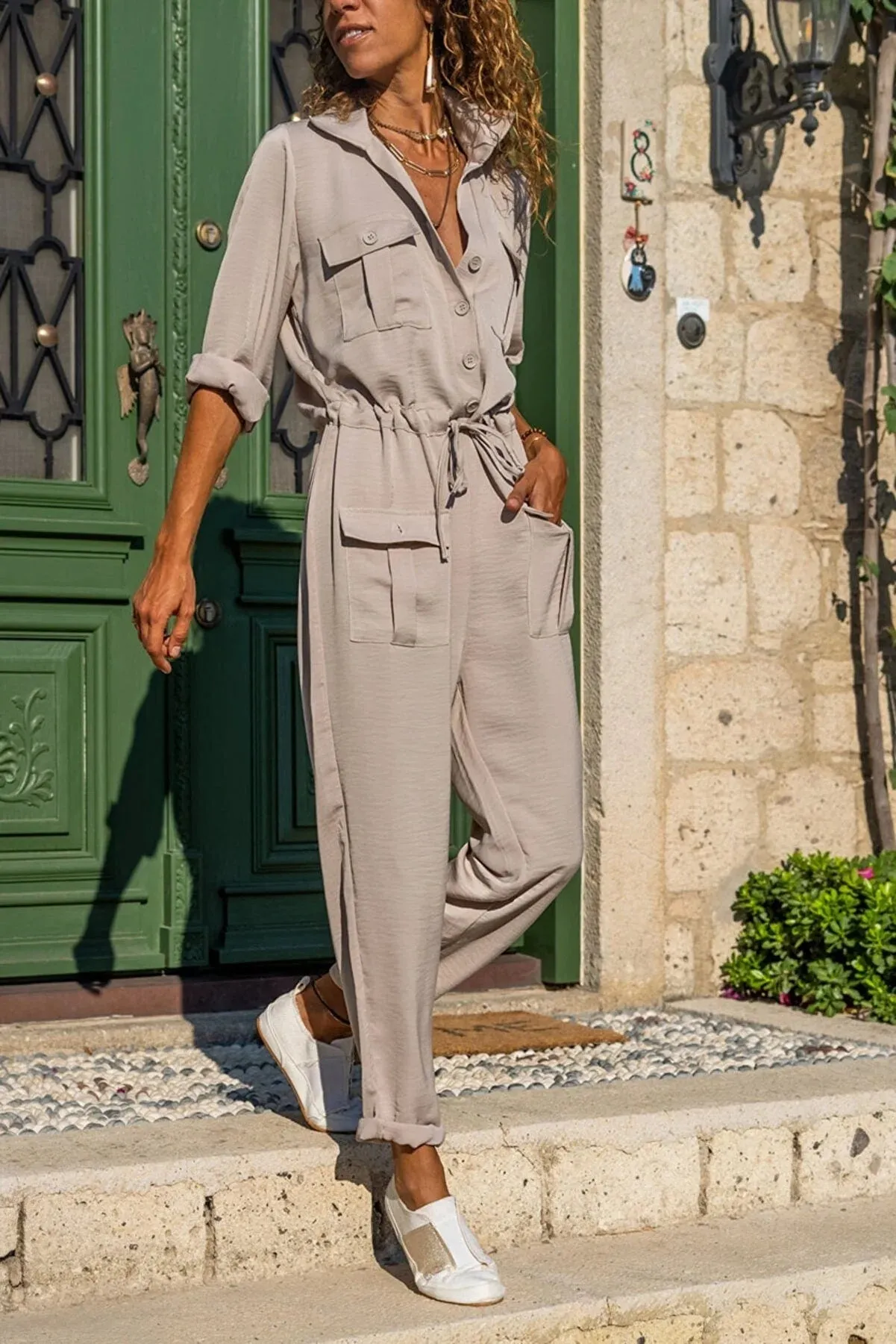 Bohemian Safari Jumpsuit, Pockets Jacket Collar Jumpsuit, Waist Elastic, Casual Jumpsuit, ,Summer Jumpsuit Hippie Jumpsuit Wide Leg Jumpsuit