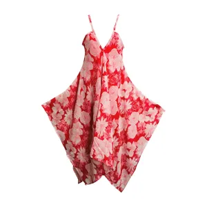Bohemian V-Neck Floral Geometric Print Long Sundress Shark bite Hem Dress Spaghetti Strap Dress #1 Pink Floral
