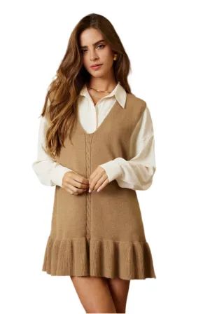 Bottom Ruffle Point V Neck Sweater Mini Dress