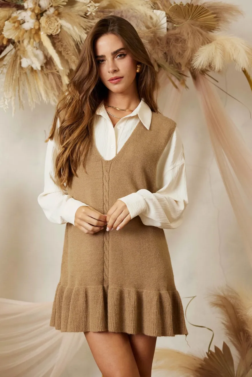 Bottom Ruffle Point V Neck Sweater Mini Dress