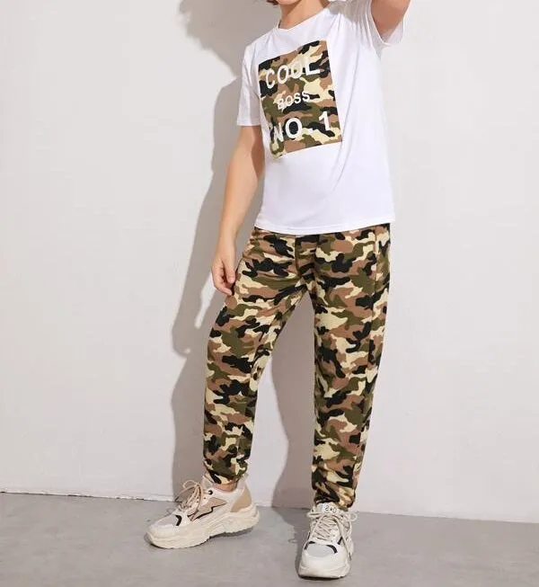 Boys Slogan Graphic Camo Top & Pants Set