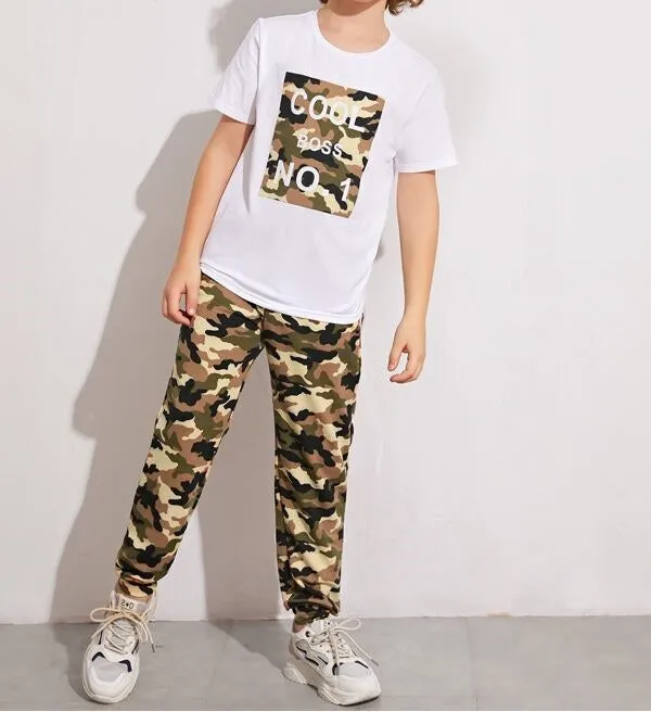 Boys Slogan Graphic Camo Top & Pants Set