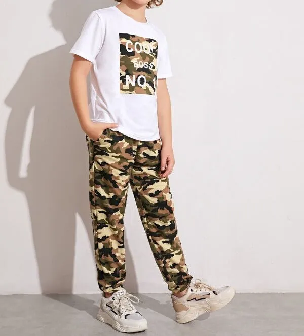 Boys Slogan Graphic Camo Top & Pants Set