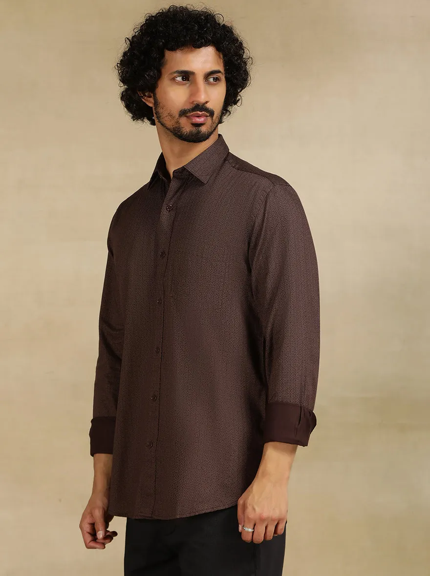 Brown Printed Tailored Fit Semi Casual Shirt | JadeBlue