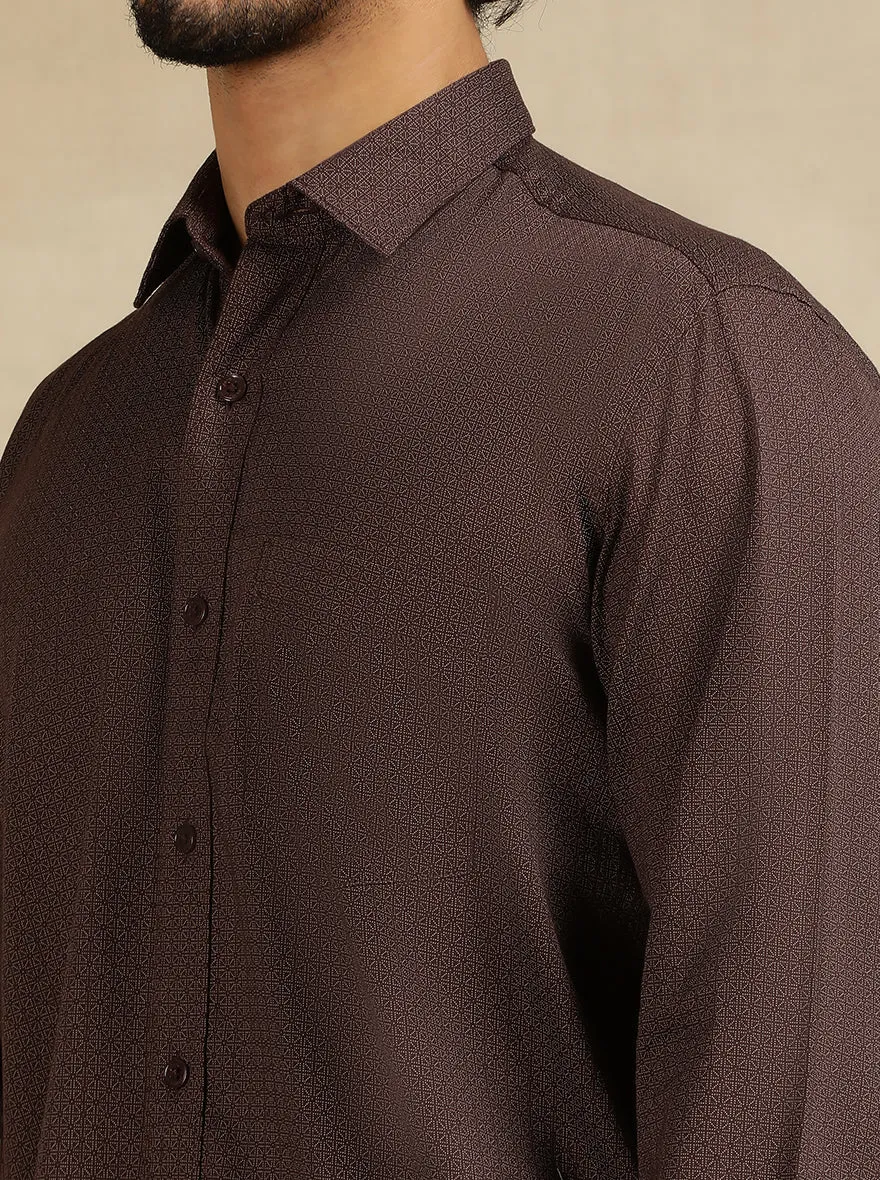 Brown Printed Tailored Fit Semi Casual Shirt | JadeBlue