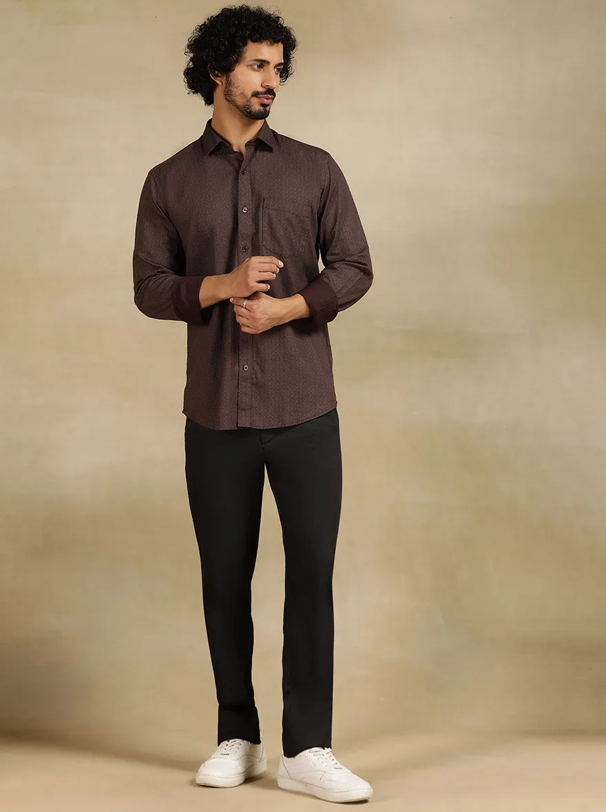 Brown Printed Tailored Fit Semi Casual Shirt | JadeBlue