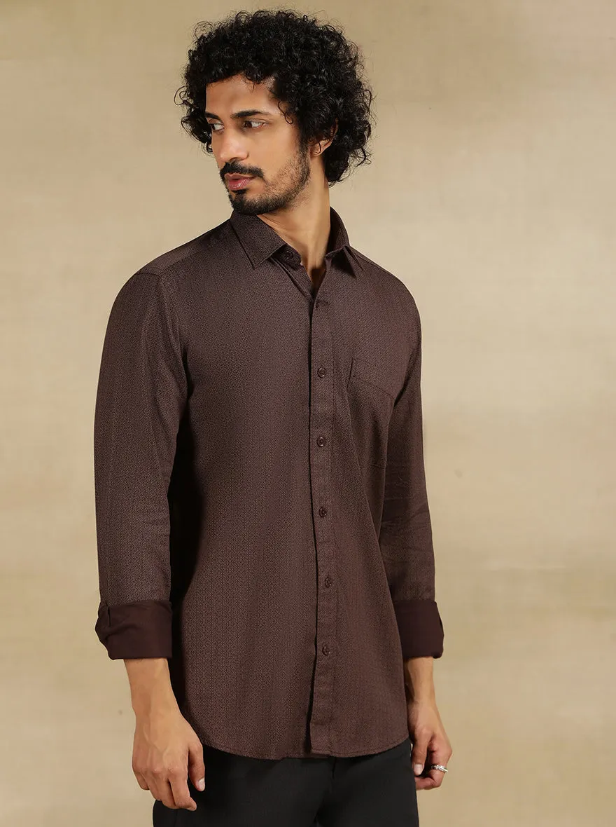 Brown Printed Tailored Fit Semi Casual Shirt | JadeBlue