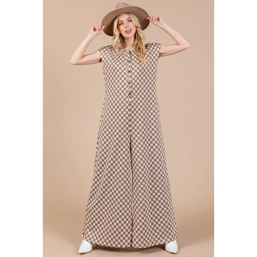 Ces Femme Checkered Half Button Cap Sleeve Jumpsuit