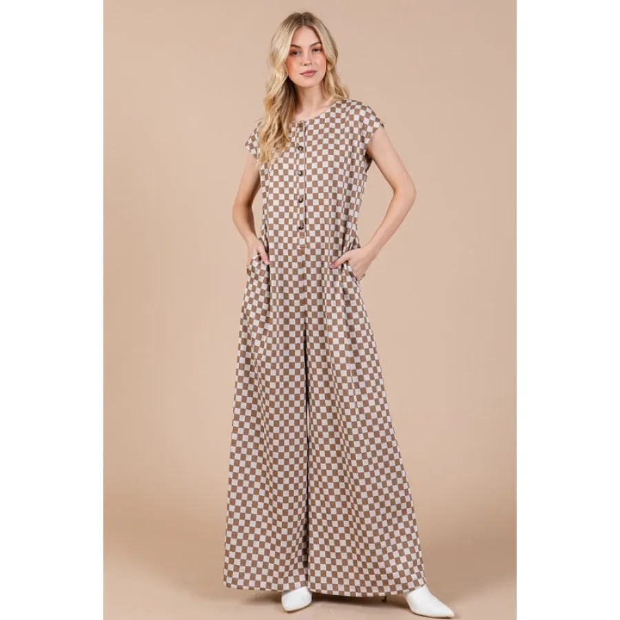 Ces Femme Checkered Half Button Cap Sleeve Jumpsuit