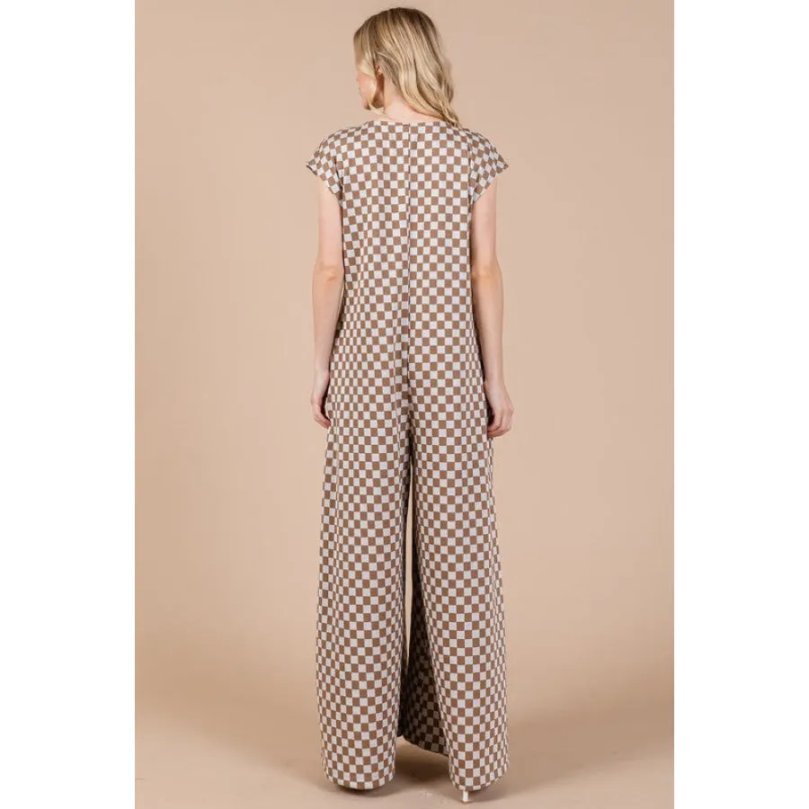 Ces Femme Checkered Half Button Cap Sleeve Jumpsuit