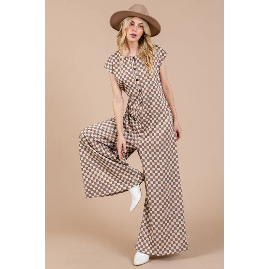 Ces Femme Checkered Half Button Cap Sleeve Jumpsuit