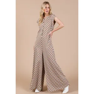 Ces Femme Checkered Half Button Cap Sleeve Jumpsuit
