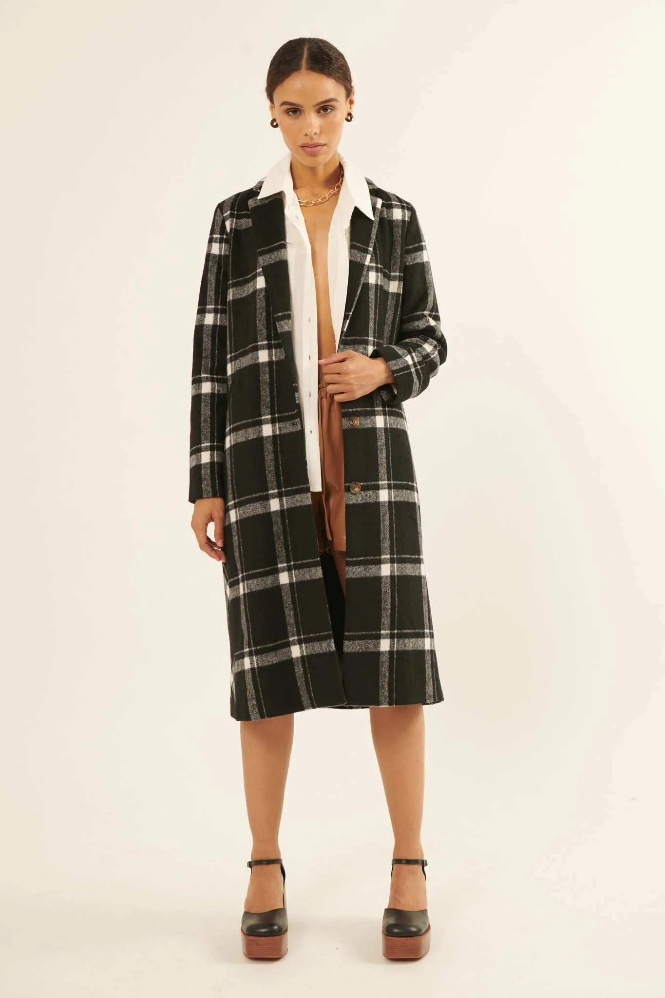 Check Point Button-Front Plaid Overcoat