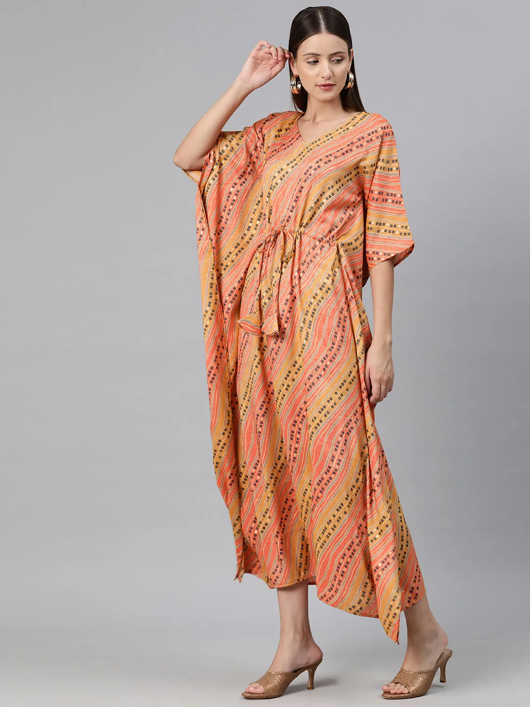 Cottinfab Women Printed Kimono Sleeve Kaftan Midi Dress