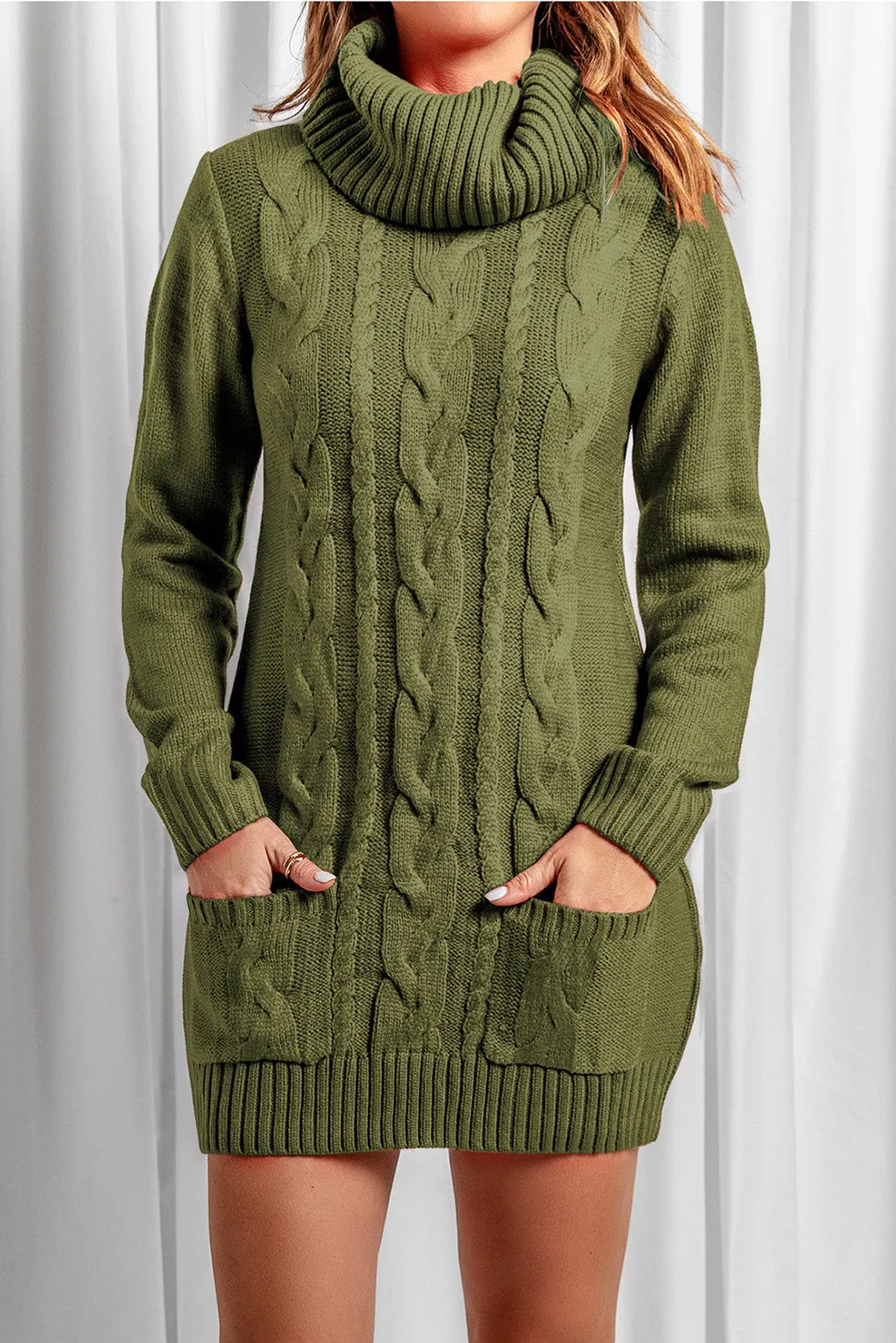 Cowl Neck Cable Knit Sweater Dress